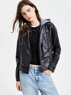 Jou Jou Womens Black Gray Hooded Faux Leather Moto Biker Jacket Size XL